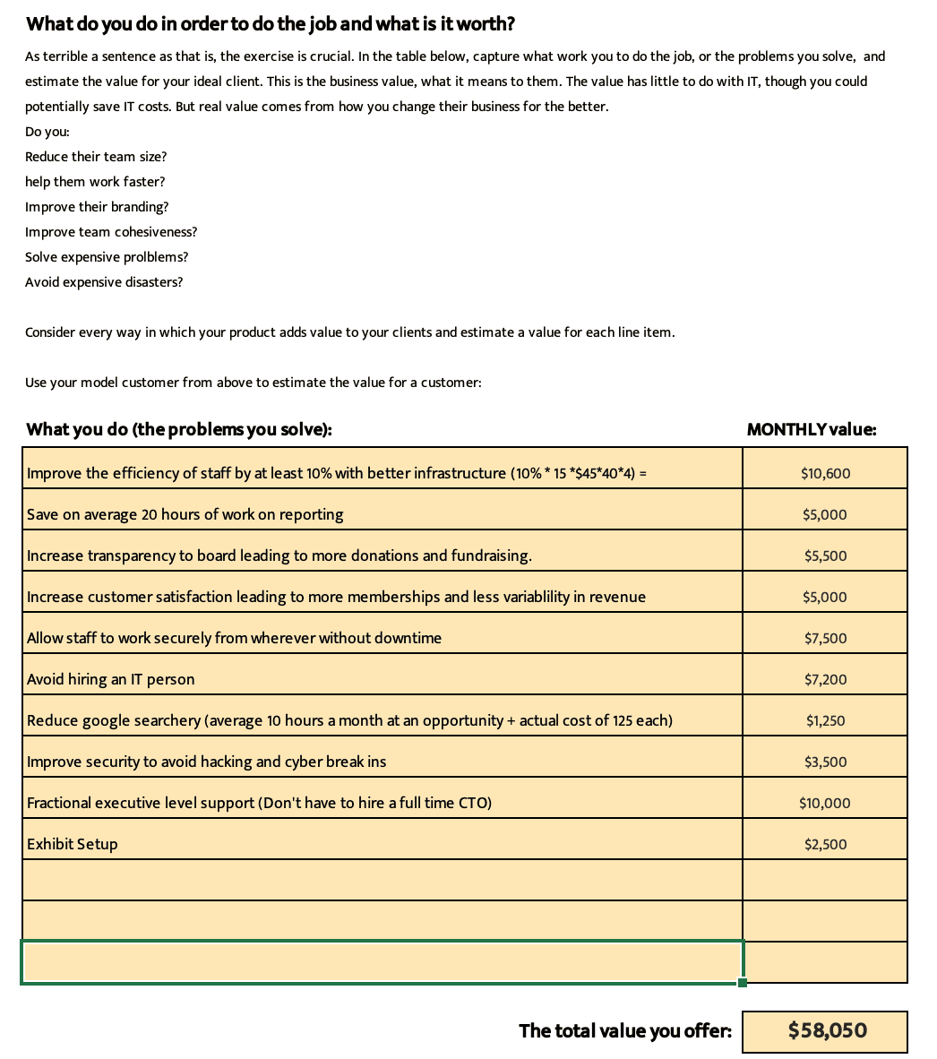 Screen shot of our product design workbook showing how to estimate the value you offer. 